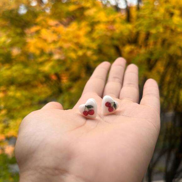 Cute Cherry Heart-Shaped Stud Earrings, Cherry Floral Design, Fruit Earrings - Picture 4 of 5